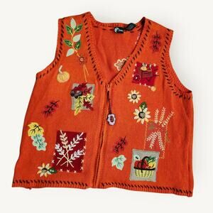 Holiday Editions Fall Knit Vest Womens XL Orange Embroidered Pumpkins Leaves VTG